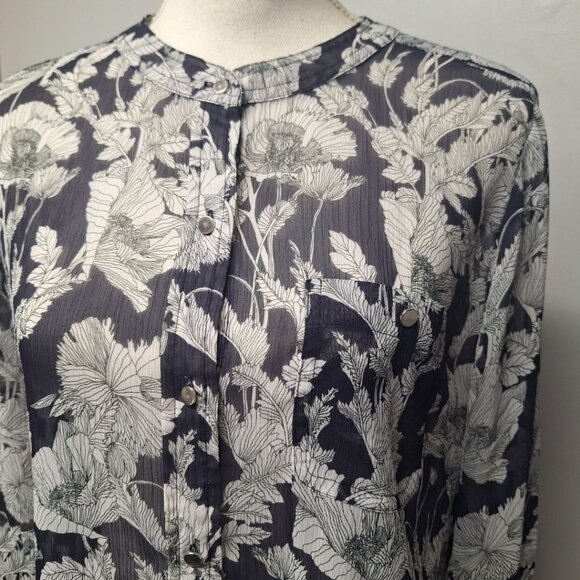 Liz Claiborne Sheer Top Button Down Blue Floral Long Sleeve Medium Blouse - Picture 10 of 13